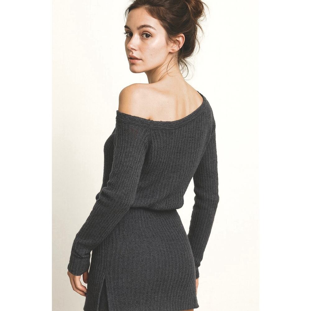 FREE PEOPLE WE THE FREE LT BLACK KATE THERMAL OFF SHOULDER TOP SHIRT SZ M NWT